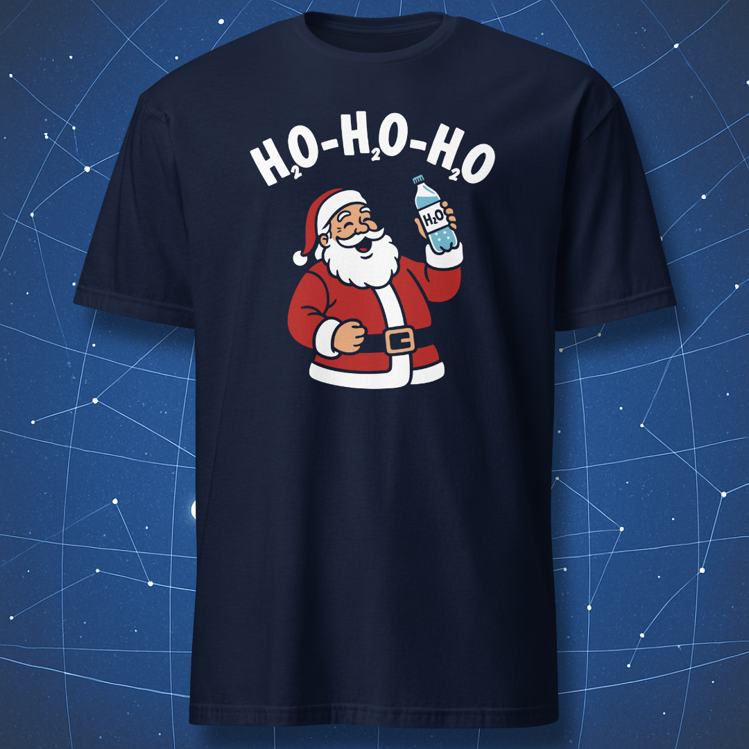 Navy T-shirt showing Santa Claus with a water bottle and “H₂O-H₂O-H₂O” pun — nerdy science holiday shirt.