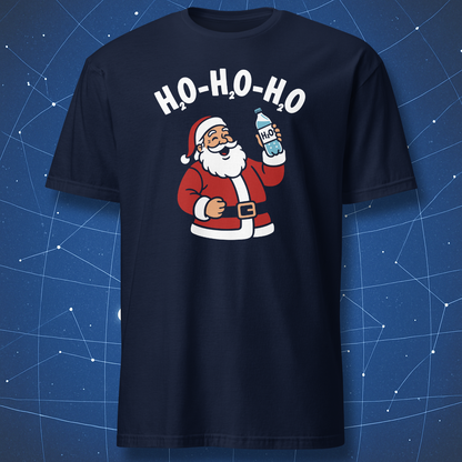 Navy T-shirt showing Santa Claus with a water bottle and “H₂O-H₂O-H₂O” pun — nerdy science holiday shirt.