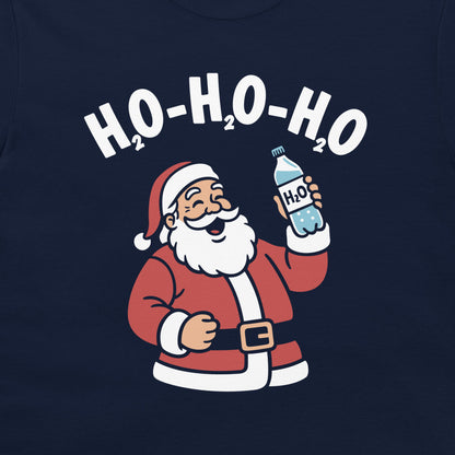 A close-up of a dark navy blue t-shirt, featuring a graphic print of Santa Claus holding a bottle labeled 'H2O' beneath the text 'H2O-H2O-H2O'.