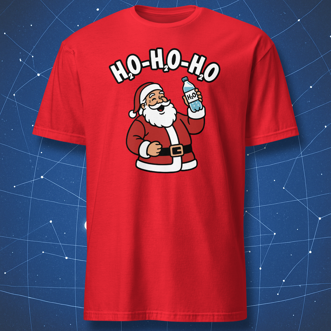 Red T-shirt featuring cartoon Santa holding an H₂O bottle with “H₂O-H₂O-H₂O” text — humorous chemistry Christmas tee.
