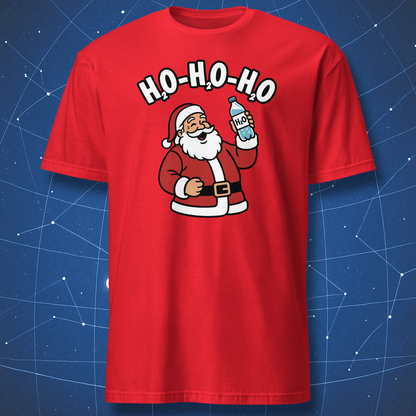 Red T-shirt featuring cartoon Santa holding an H₂O bottle with “H₂O-H₂O-H₂O” text — humorous chemistry Christmas tee.