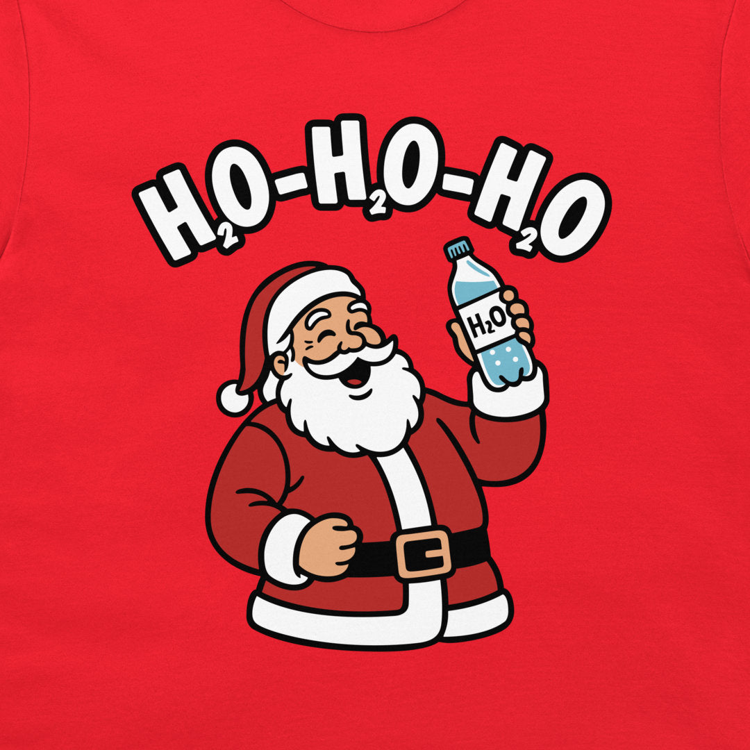 A close-up of a red garment featuring a cartoon Santa Claus graphic holding a water bottle under the text 'H2O-H2O-H2O'.