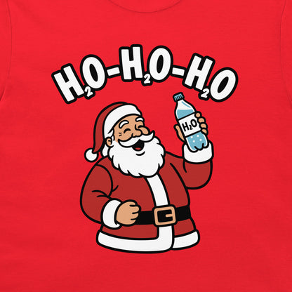 A close-up of a red garment featuring a cartoon Santa Claus graphic holding a water bottle under the text 'H2O-H2O-H2O'.