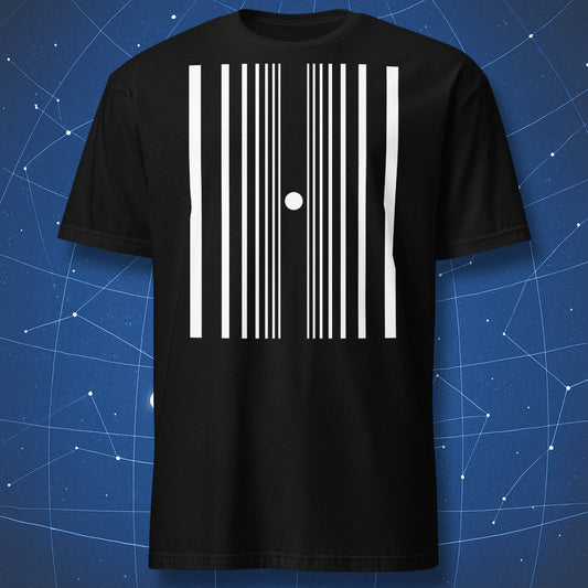 Black T-shirt with minimalist white Doppler effect design — vertical bars converging toward a central dot representing motion and frequency shift.