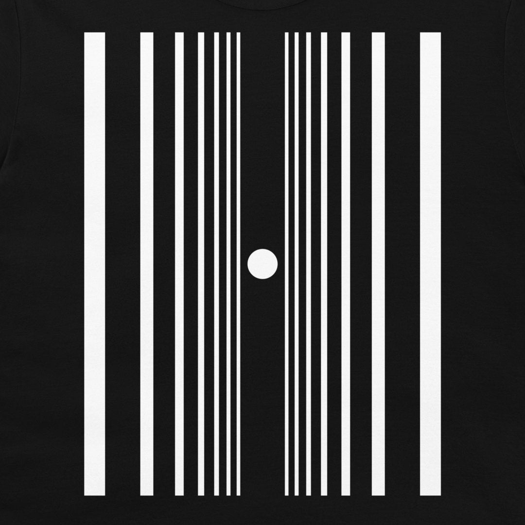 A black t-shirt featuring a minimalist white graphic print of vertical stripes representing the doppler effect.