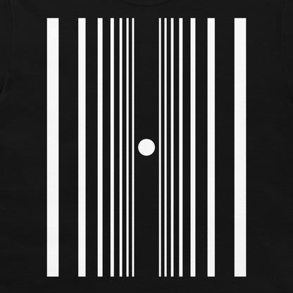 A black t-shirt featuring a minimalist white graphic print of vertical stripes representing the doppler effect.