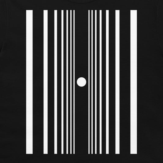 A black t-shirt featuring a minimalist white graphic print of vertical stripes representing the doppler effect.