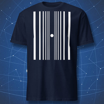 Navy blue T-shirt featuring a white Doppler shift graphic — clean parallel lines and a centered dot, modern science art style.