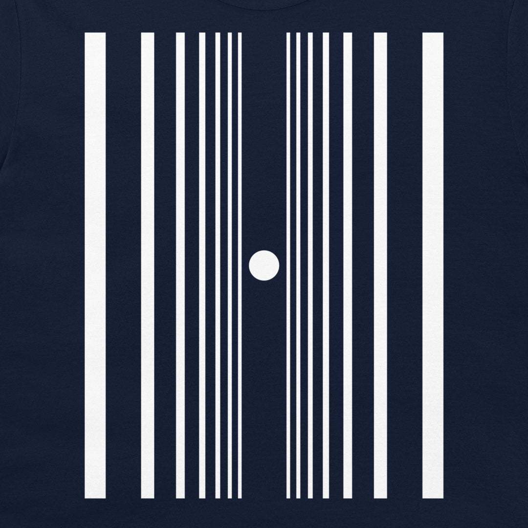 A close-up of a navy blue garment, likely a t-shirt, featuring a white graphic print of featuring a minimalist white graphic print of vertical stripes representing the doppler effect.