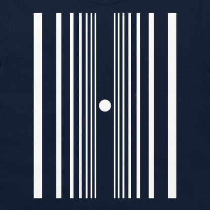 A close-up of a navy blue garment, likely a t-shirt, featuring a white graphic print of featuring a minimalist white graphic print of vertical stripes representing the doppler effect.