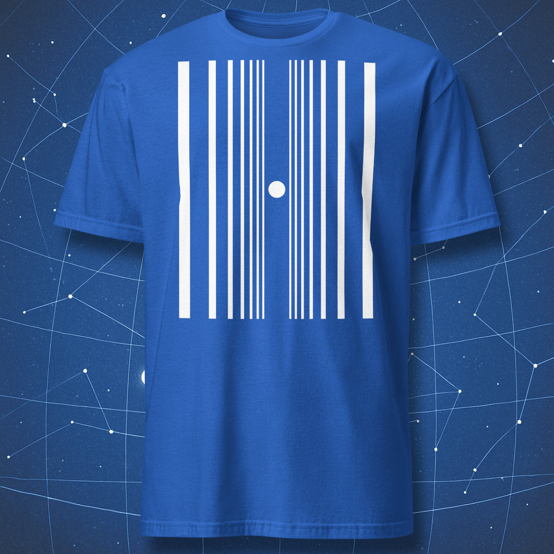 Royal blue T-shirt with minimalist Doppler effect pattern — white frequency lines and a dot symbolizing wave motion.