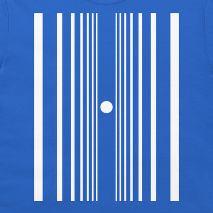 A close-up of a royal blue garment, likely a t-shirt, featuring a white graphic print of vertical stripes of varying widths and a small white circle in the center.