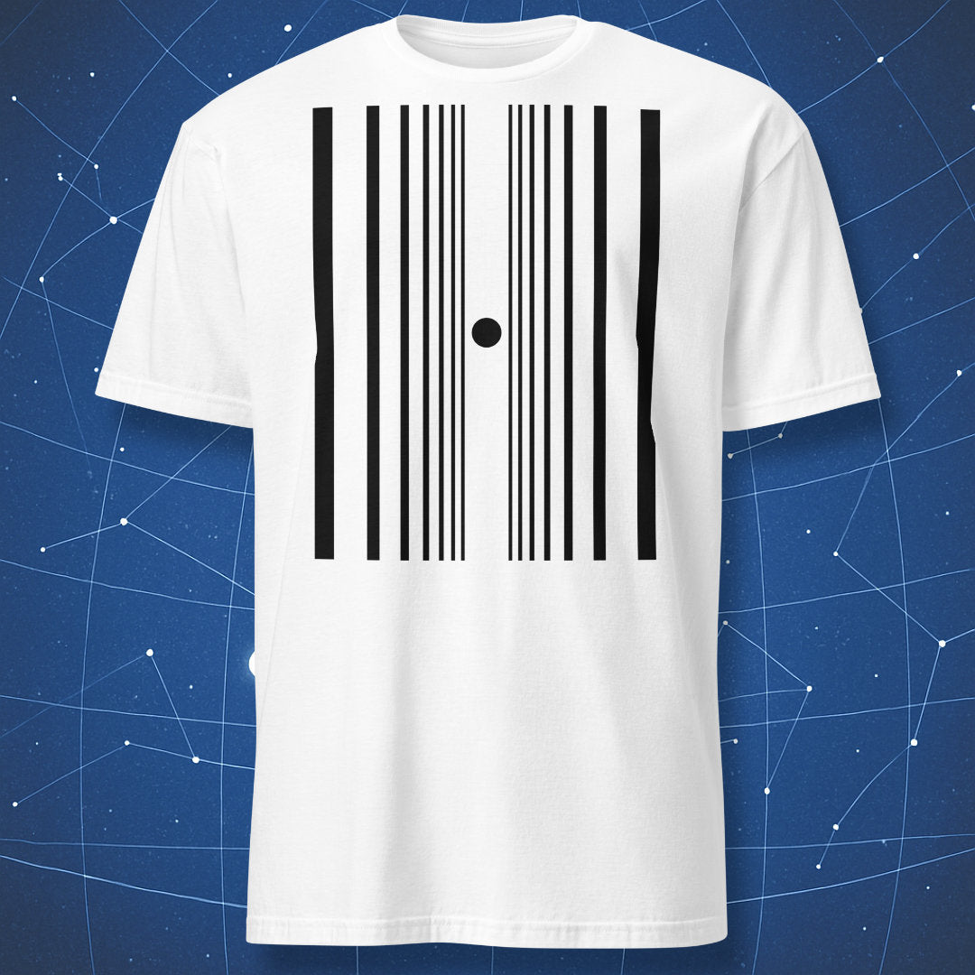 White T-shirt with black Doppler effect line pattern and central dot — clean, abstract physics-inspired design.
