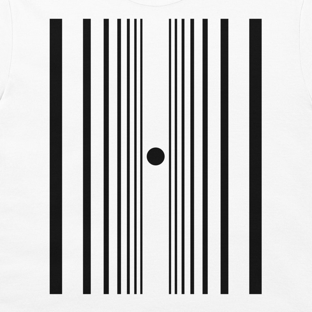 A white t-shirt featuring a black graphic print of vertical stripes featuring a minimalist black graphic print of vertical stripes representing the doppler effect.