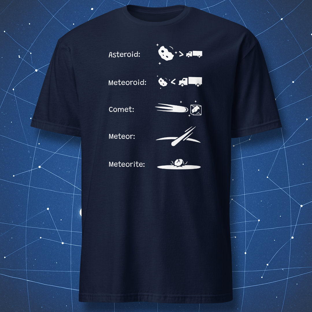 Navy T-shirt with simple white icons illustrating asteroid vs comet vs meteor — educational space humor design.