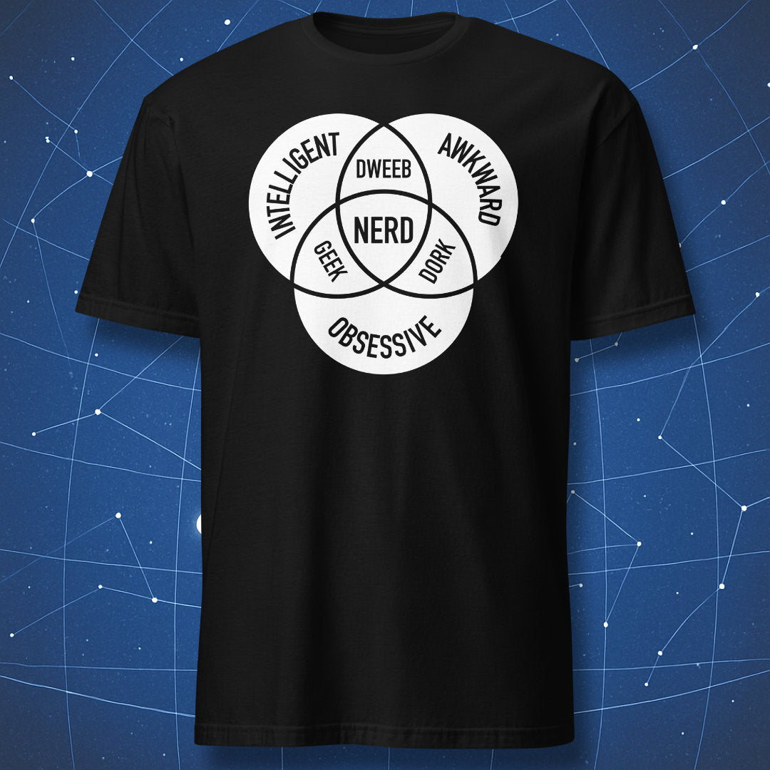 Black T-shirt with a white Venn diagram labeled Intelligent, Obsessive, and Awkward forming “Nerd” at the center — funny nerd humor tee.