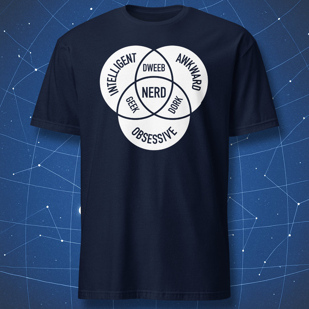 Navy T-shirt showing a white Venn diagram comparing geek, dork, dweeb, and nerd traits — science humor shirt.