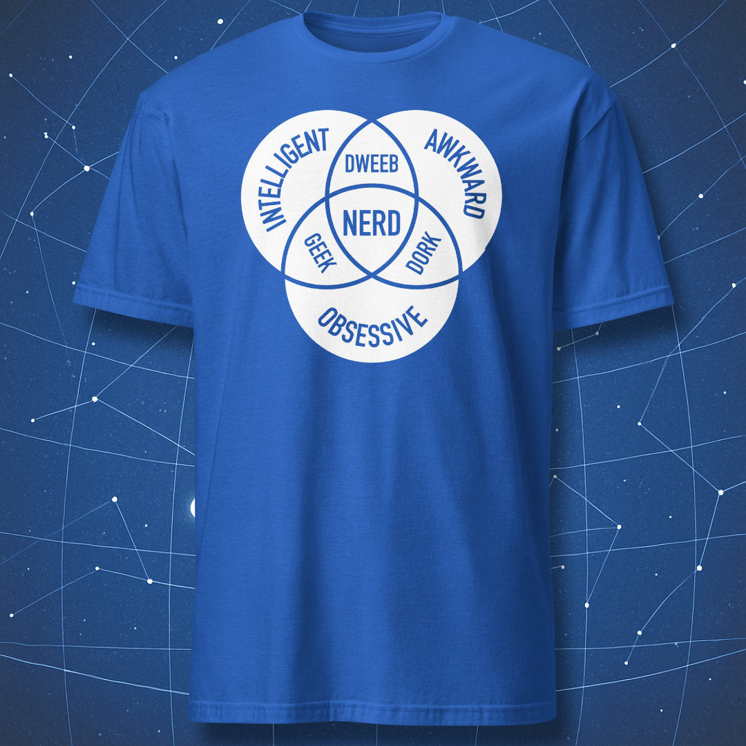 Royal blue T-shirt with a “Nerd Diagram” Venn graphic combining intelligent, awkward, and obsessive circles — geeky gift idea.
