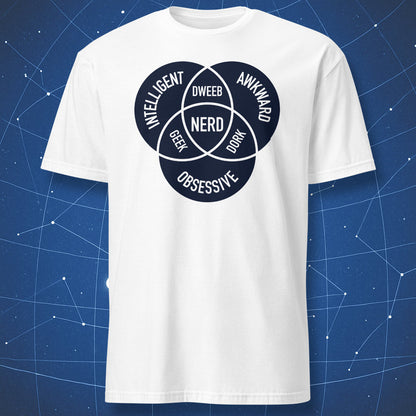 White T-shirt with black “Nerd Diagram” design mapping the difference between nerd, geek, dork, and dweeb — minimalist science humor tee.