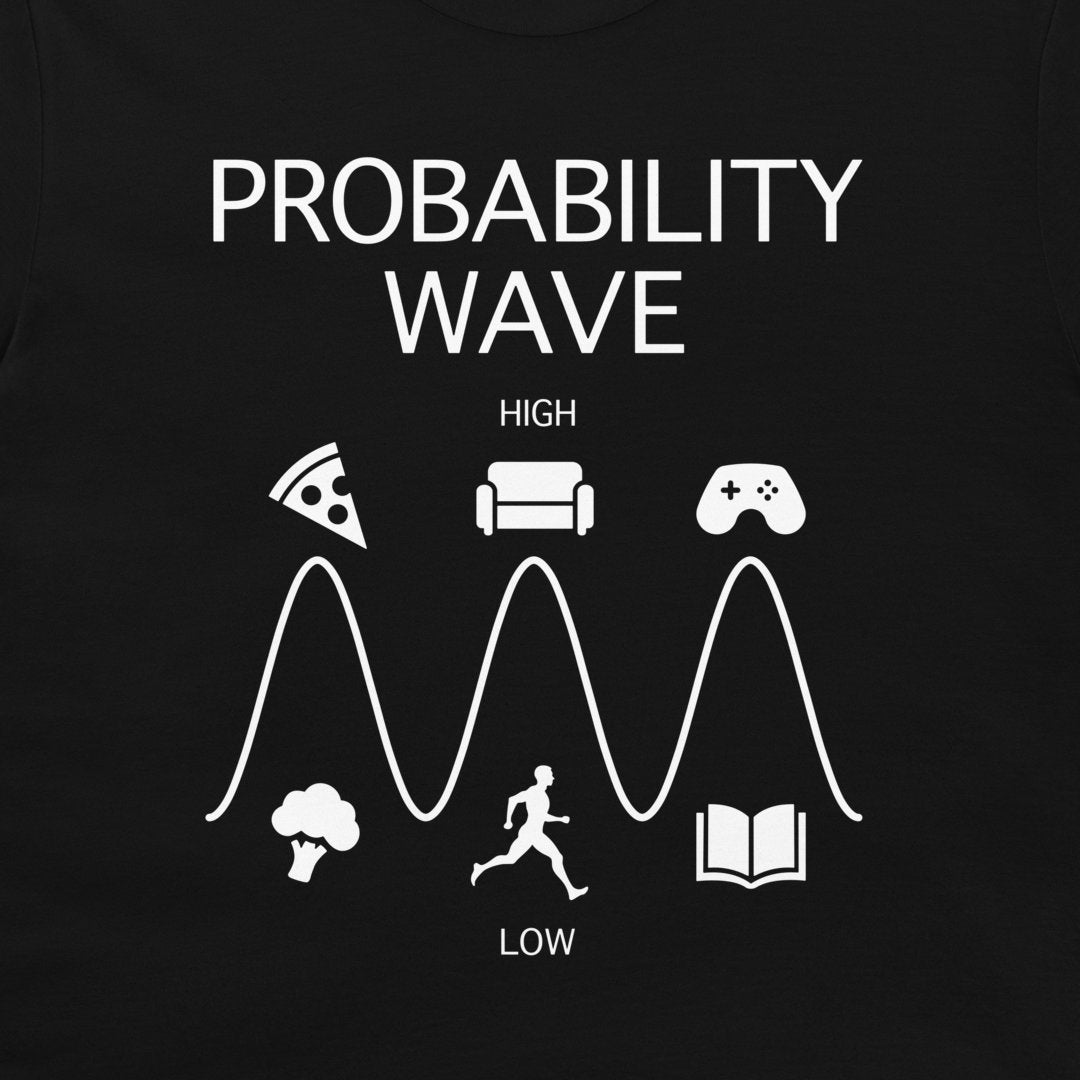 A close-up of a black garment featuring a white graphic print titled 'PROBABILITY WAVE' with icons for pizza, couch, game controller, broccoli, running person, and book, labeled high in the middle and low at the bottom.