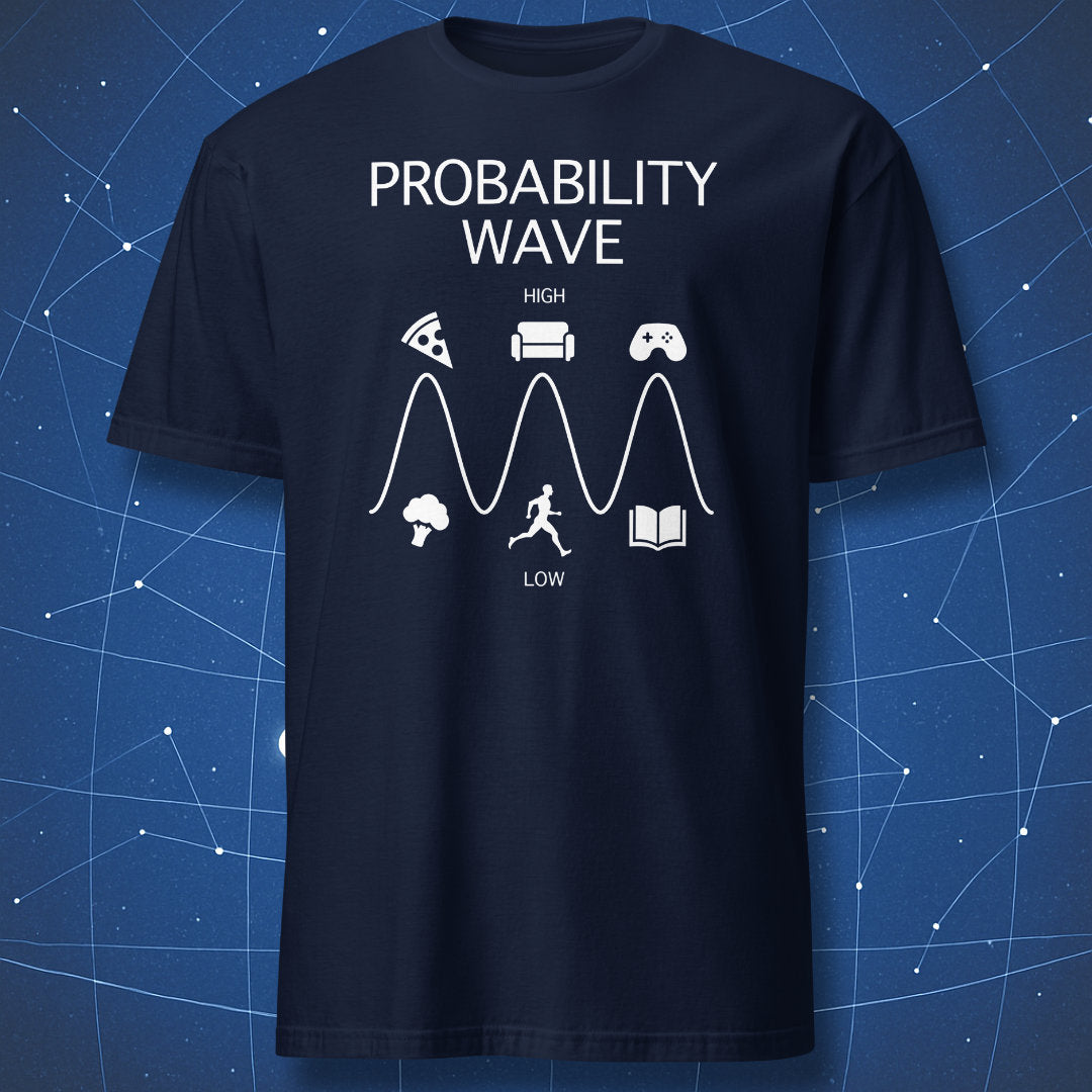 Navy T-shirt with a probability wave and humor icons for pizza, couch, and gaming – science pun T-shirt for physics lovers.