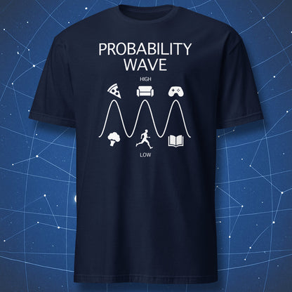 Navy T-shirt with a probability wave and humor icons for pizza, couch, and gaming – science pun T-shirt for physics lovers.