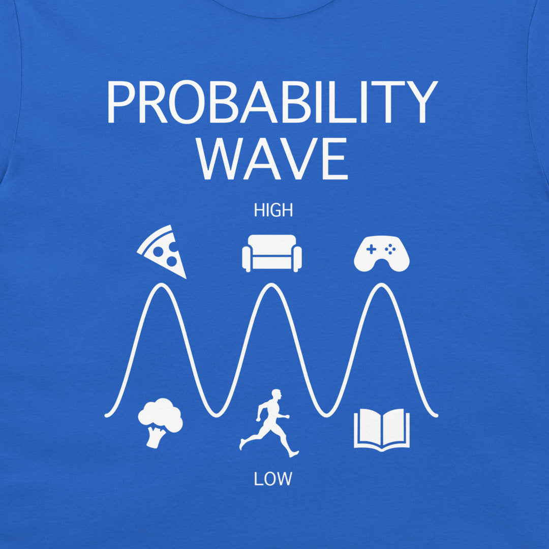 A close-up of a blue T-shirt featuring a white graphic print titled 'PROBABILITY WAVE' with icons for pizza, couch, game controller, broccoli, running figure, and book arranged above and below a wave labeled HIGH and LOW.