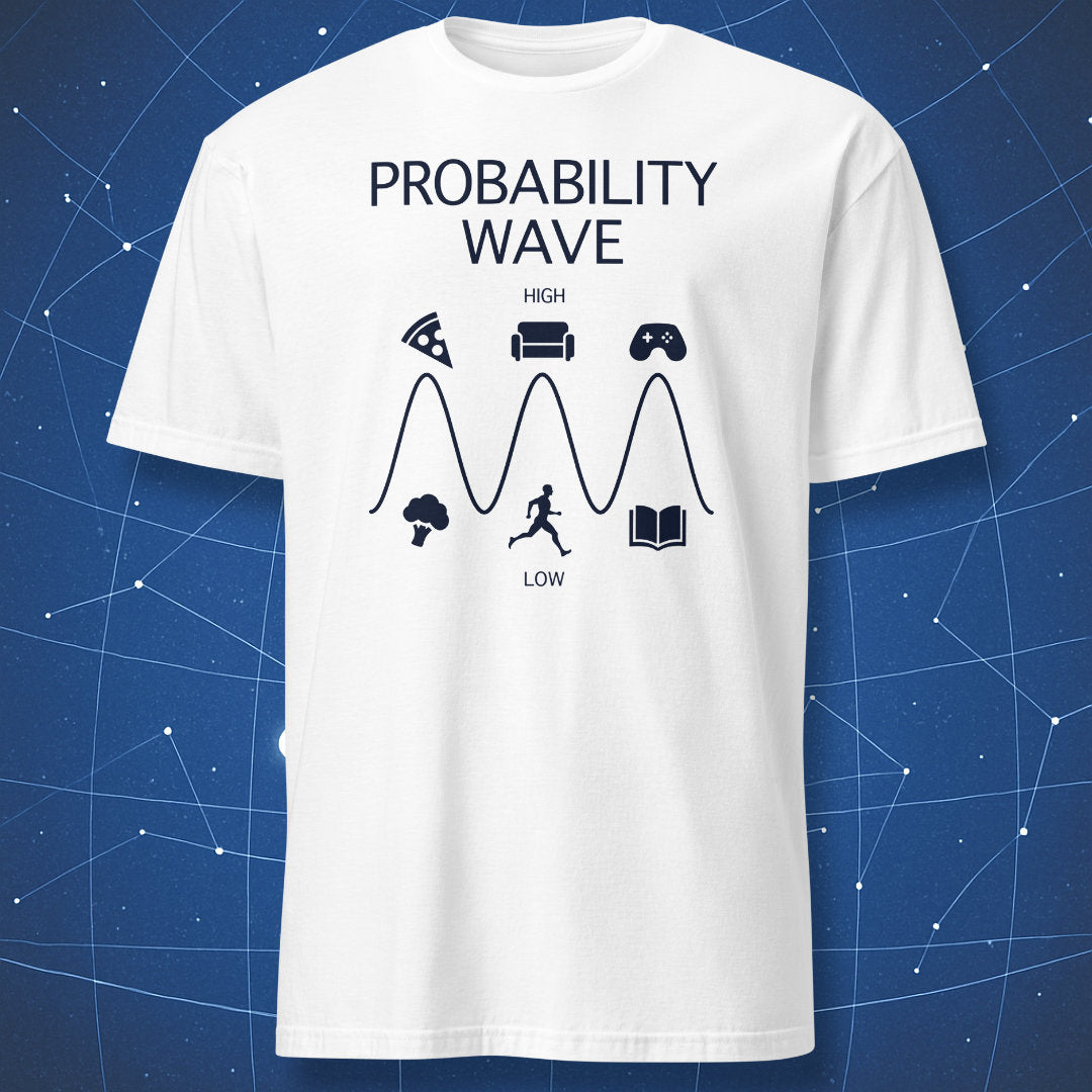 White T-shirt with probability wave graphic and funny icons representing physics humor – “Probability Wave” science shirt.