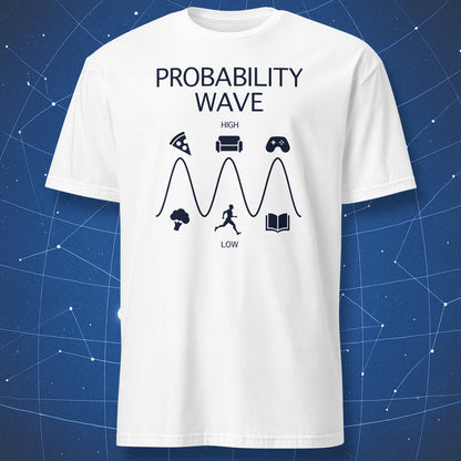 White T-shirt with probability wave graphic and funny icons representing physics humor – “Probability Wave” science shirt.
