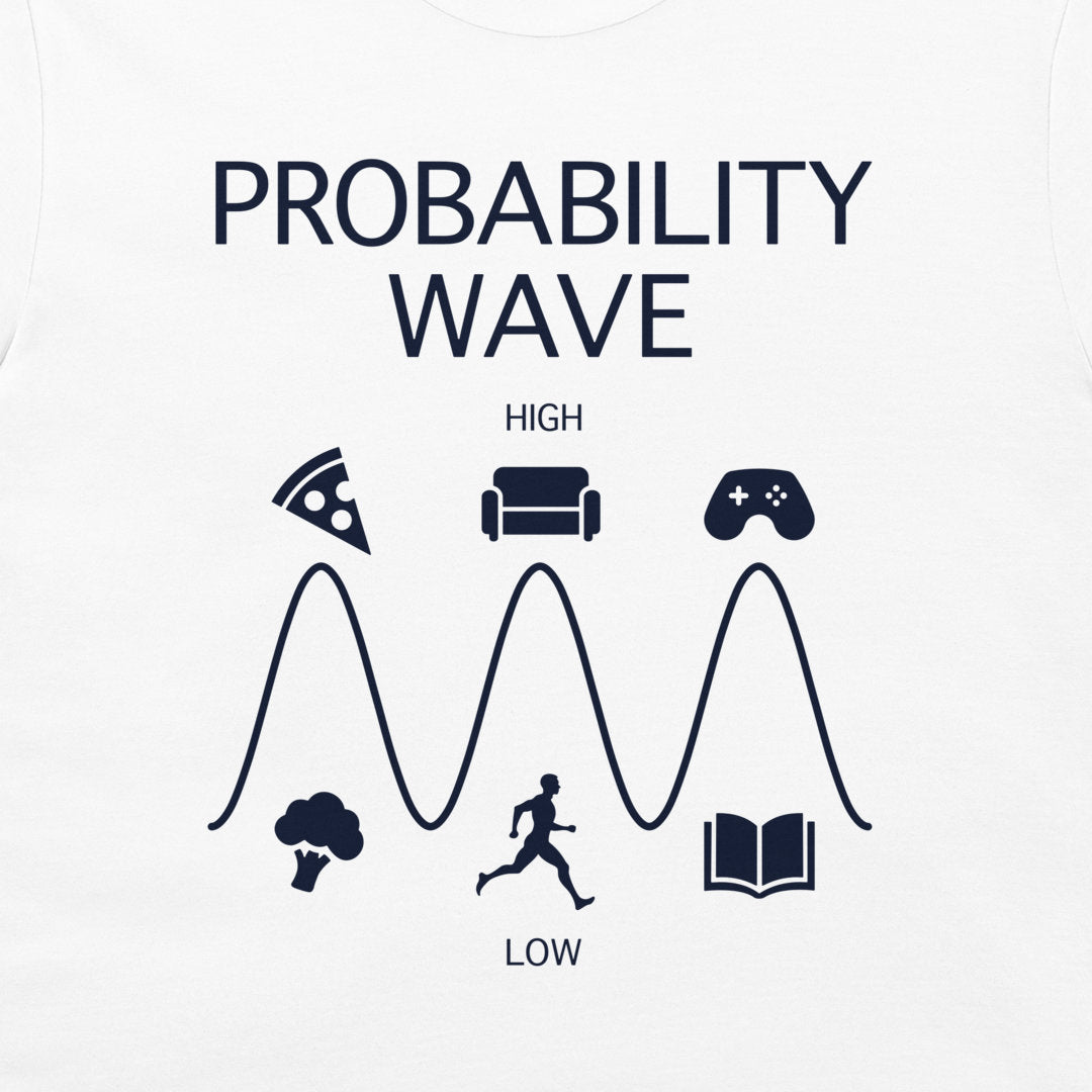 A white graphic t-shirt featuring a dark navy blue print of the 'Probability Wave' concept, showing food and activity icons above and below a wave pattern labeled 'HIGH' and 'LOW'.