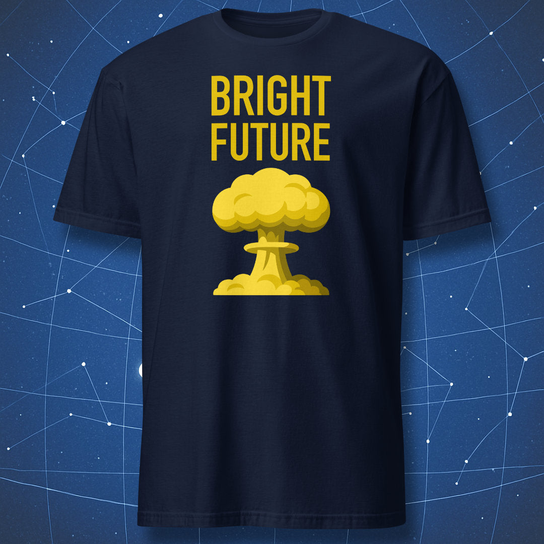 Navy T-shirt with bold yellow atomic explosion graphic and text “Bright Future” – ironic science and humor T-shirt by DorkMatter.