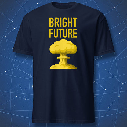 Navy T-shirt with bold yellow atomic explosion graphic and text “Bright Future” – ironic science and humor T-shirt by DorkMatter.