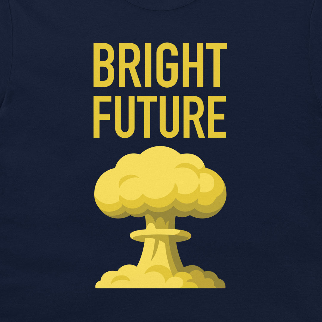 A close-up of a navy blue t-shirt, featuring a graphic print with the words 'BRIGHT FUTURE' in bold yellow letters above a yellow mushroom cloud illustration.