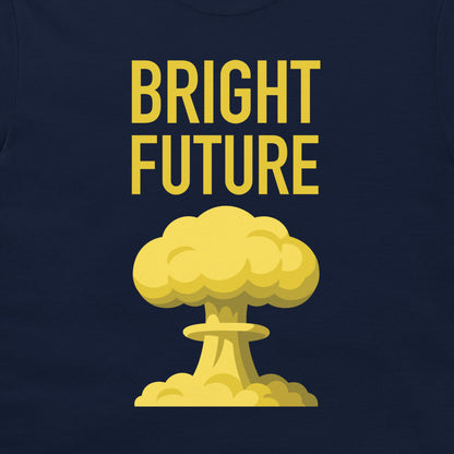 A close-up of a navy blue t-shirt, featuring a graphic print with the words 'BRIGHT FUTURE' in bold yellow letters above a yellow mushroom cloud illustration.