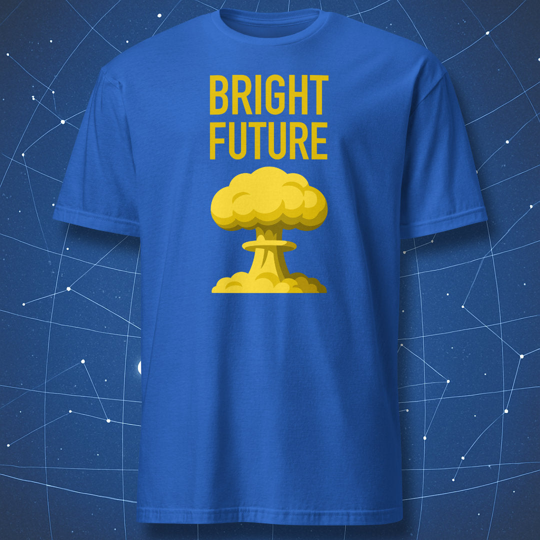 Royal blue T-shirt with yellow mushroom cloud illustration and text “Bright Future” – funny apocalyptic humor tee by DorkMatter.