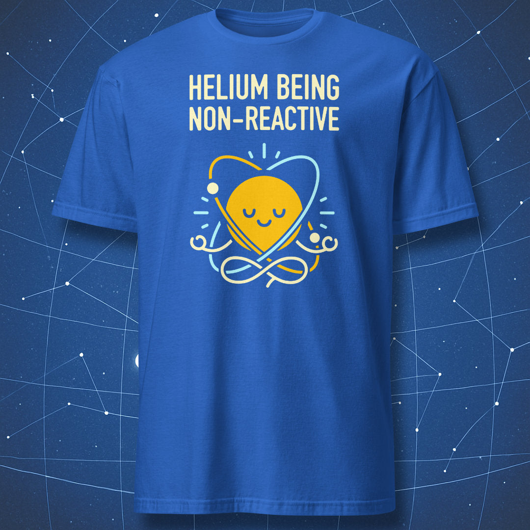 Royal blue T-shirt featuring smiling helium atom in meditation pose – funny non-reactive chemistry T-shirt by DorkMatter.