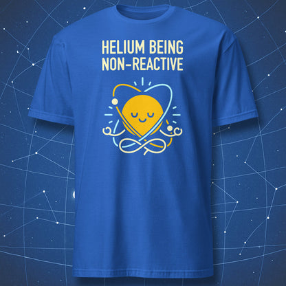 Royal blue T-shirt featuring smiling helium atom in meditation pose – funny non-reactive chemistry T-shirt by DorkMatter.