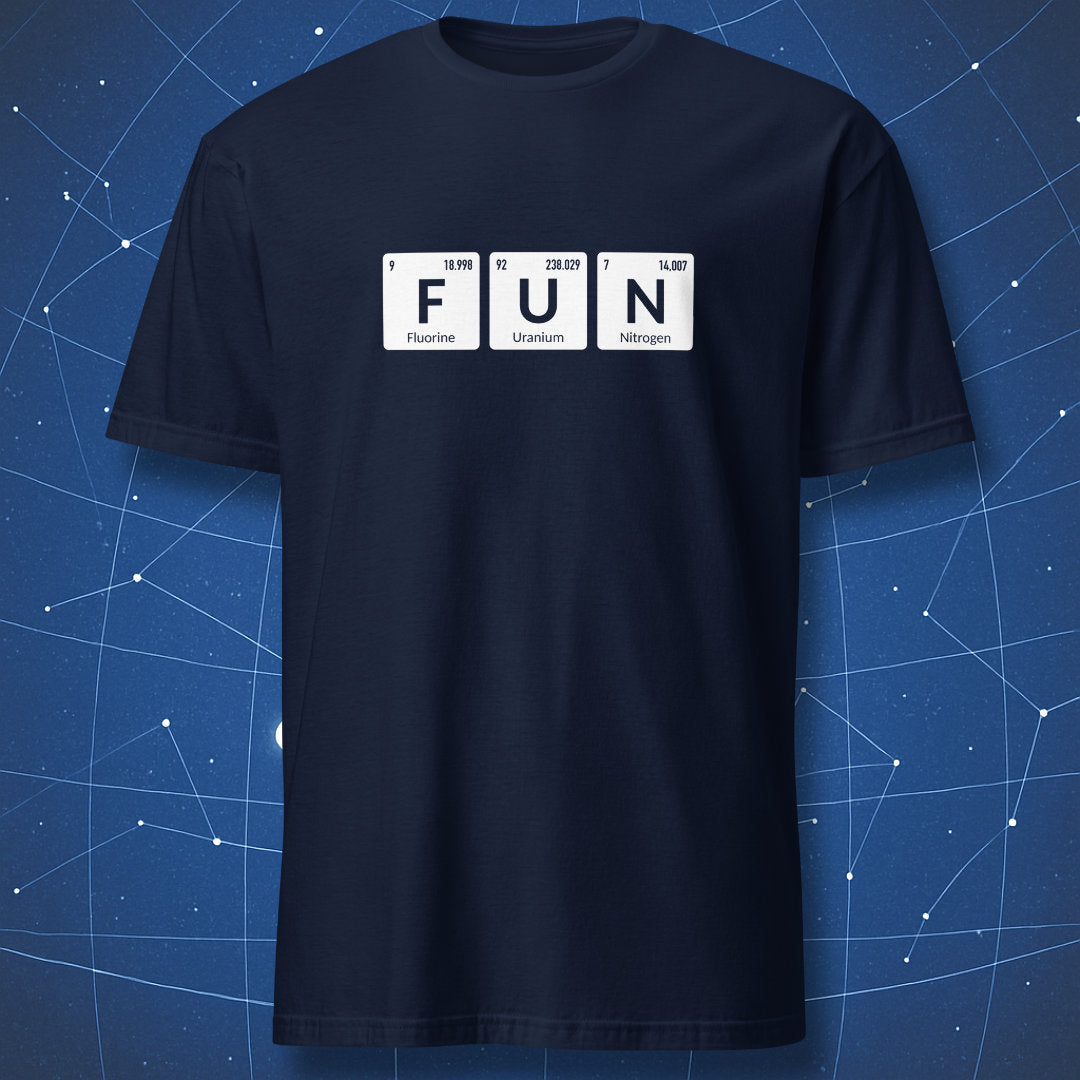 Navy T-shirt featuring the periodic table design spelling FUN with Fluorine, Uranium, and Nitrogen.