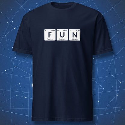 Navy T-shirt featuring the periodic table design spelling FUN with Fluorine, Uranium, and Nitrogen.