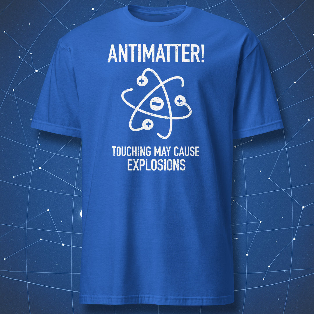Royal blue T-shirt with distressed white atomic graphic and “Antimatter” text – humorous science and physics pun shirt by DorkMatter.