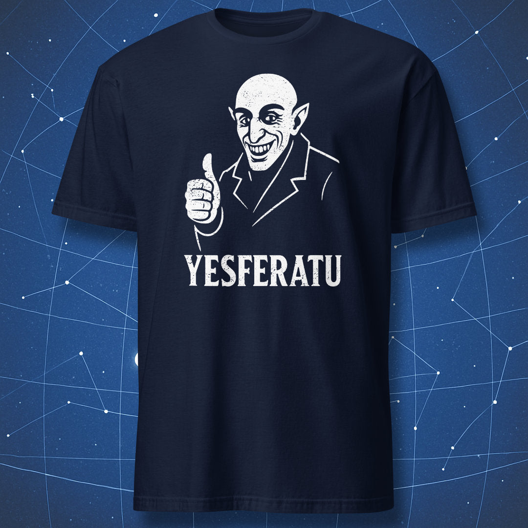 Navy T-shirt with distressed white Nosferatu-style vampire illustration and text “YESFERATU” – funny horror parody T-shirt by DorkMatter.
