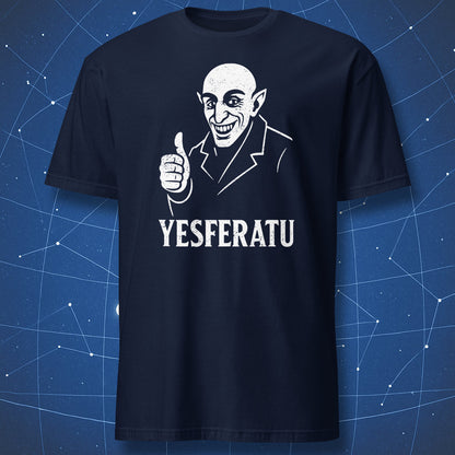 Navy T-shirt with distressed white Nosferatu-style vampire illustration and text “YESFERATU” – funny horror parody T-shirt by DorkMatter.