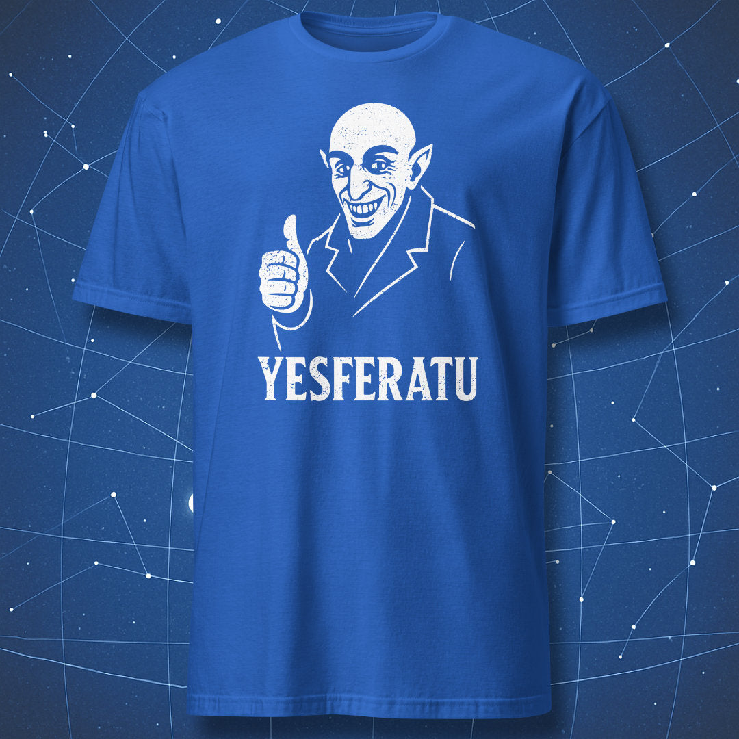Royal blue T-shirt with white cartoon vampire and text “YESFERATU” – humorous gothic pop culture shirt by DorkMatter.