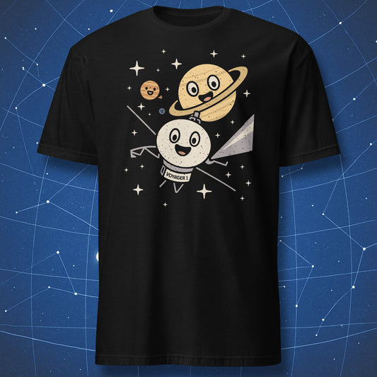 Black T-shirt with cartoon Voyager 1 probe flying through stars with smiling planets – cute space exploration T-shirt by DorkMatter.