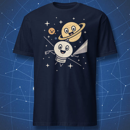 Navy T-shirt with adorable Voyager 1 spacecraft illustration and happy planets – funny astronomy and NASA-inspired shirt by DorkMatter.