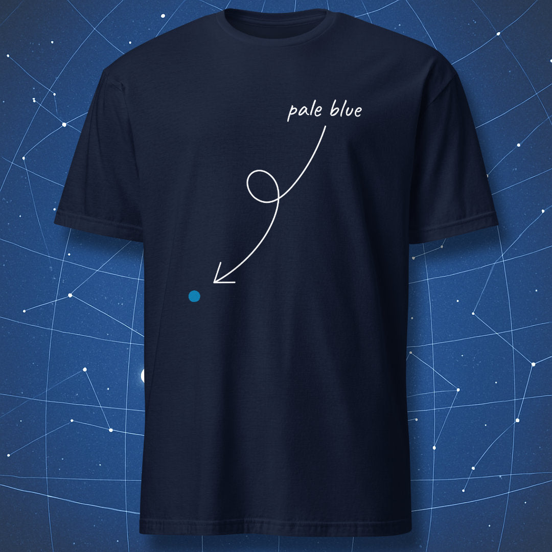 Navy T-shirt with subtle pale blue dot and curved white arrow – minimalist space and astronomy T-shirt by DorkMatter.