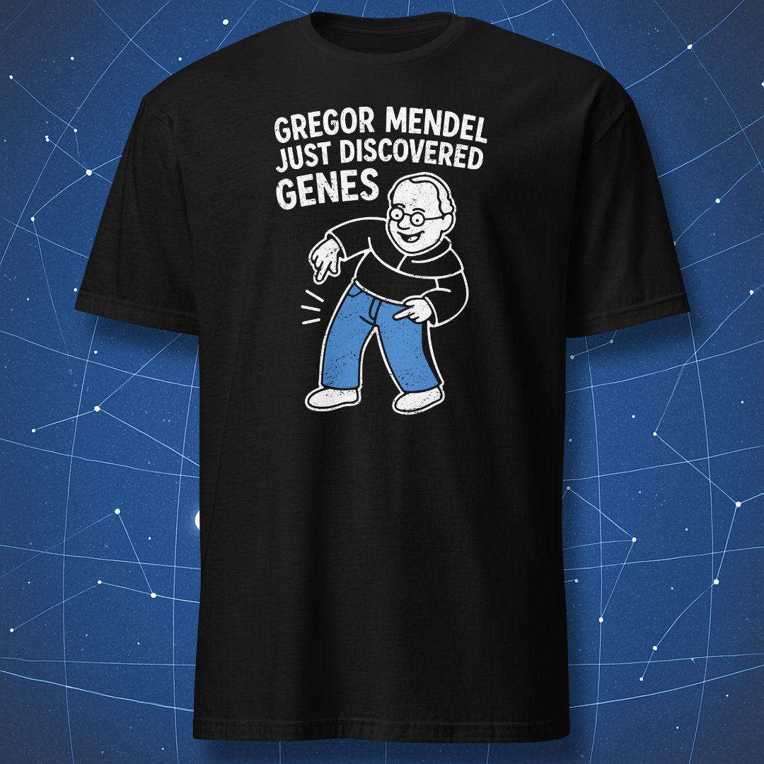 Black T-shirt with cartoon Gregor Mendel pointing at his jeans and text “Just Discovered Genes” – funny biology pun shirt by DorkMatter.