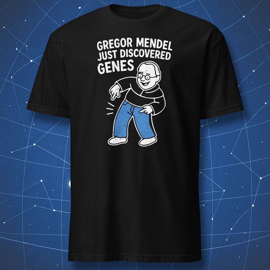 Black T-shirt with cartoon Gregor Mendel pointing at his jeans and text “Just Discovered Genes” – funny biology pun shirt by DorkMatter.