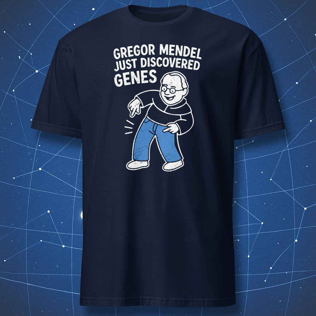 Navy T-shirt with retro comic-style Gregor Mendel discovering “genes” – funny science and genetics T-shirt by DorkMatter.