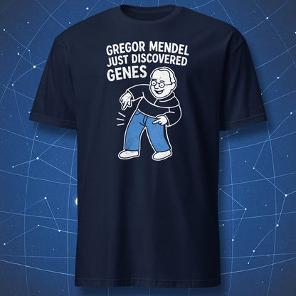 Navy T-shirt with retro comic-style Gregor Mendel discovering “genes” – funny science and genetics T-shirt by DorkMatter.